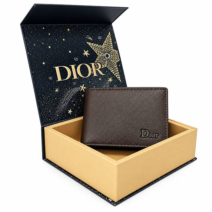 Christian Dior Men Brown Leather Bifold Wallet with Luxury Gift Box