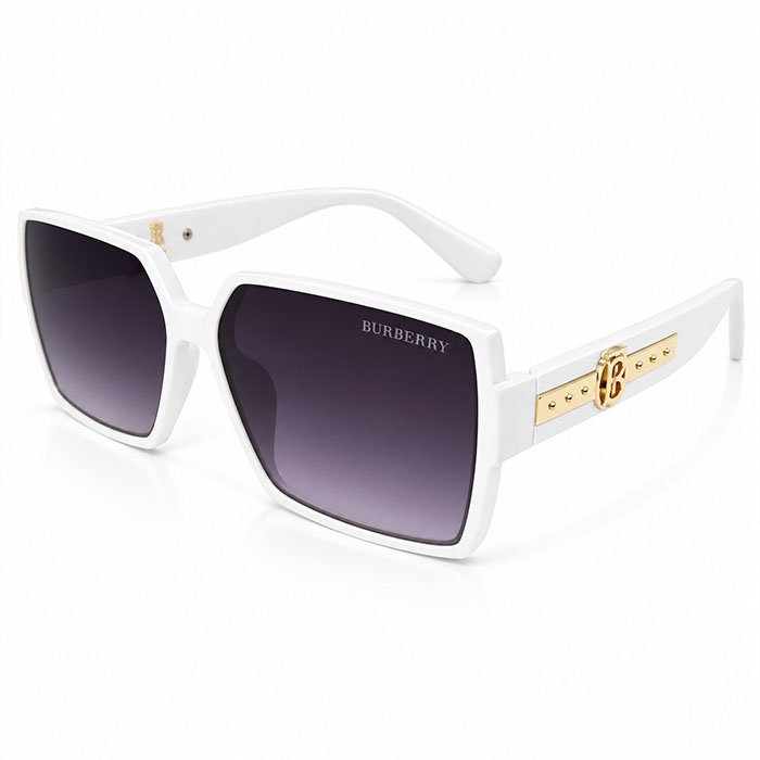 Burberry Women Oversized Square Sunglasses – White Frame with Gold Logo & Gradient Dark Lenses