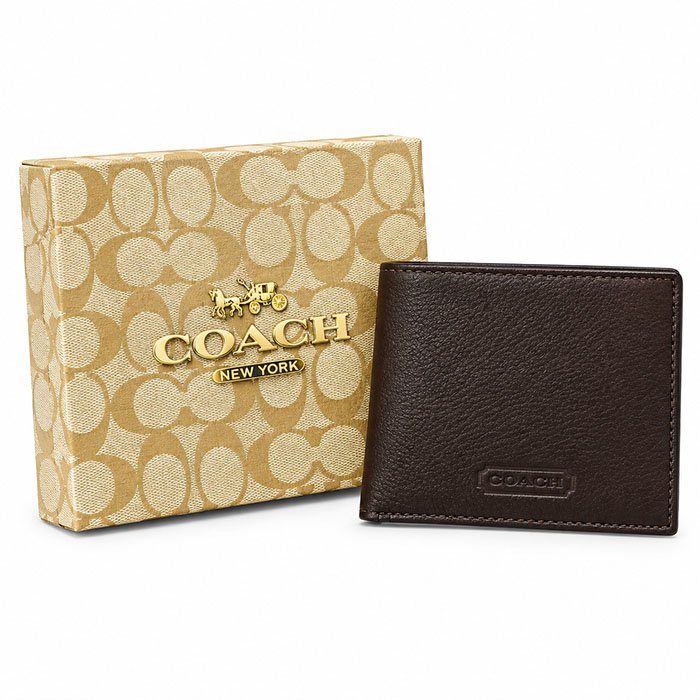 Coach Men Brown Leather Bifold Wallet with Signature Gift Box