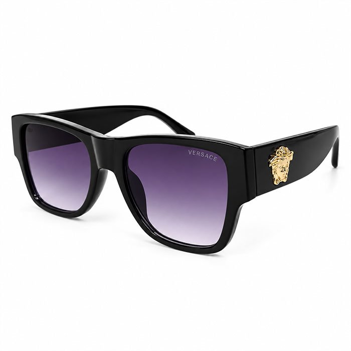 Versace Luxury Oversized Square Sunglasses – Black Frame with Purple Gradient Lenses & Gold Medusa Detail